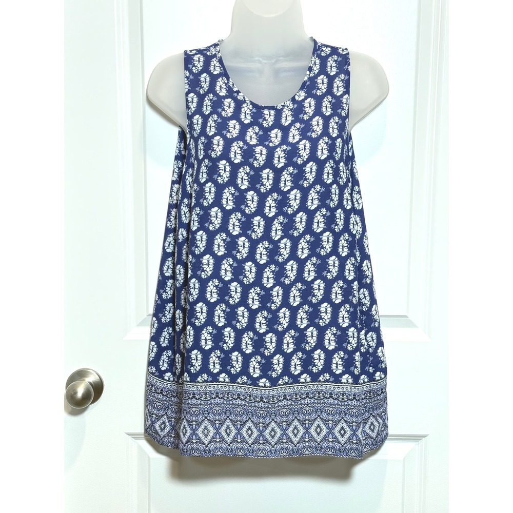 Willi Smith Womens Blue White Geometric Sleeveless Tank Top‎ Large Shirt Career